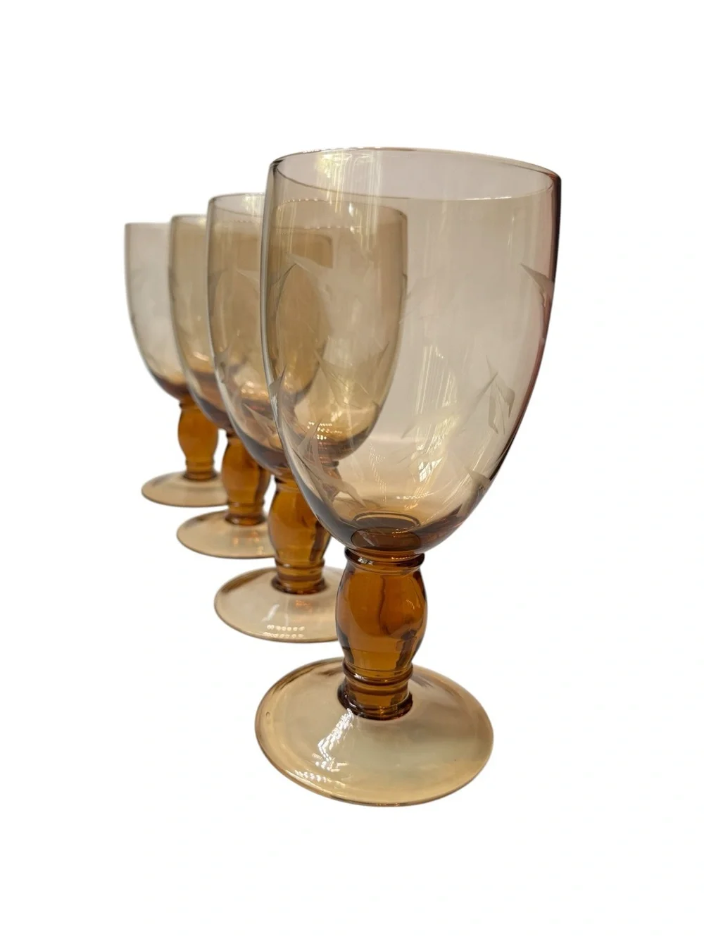 Set of 4 Pier 1 Etched leaf amber water wine glasses 8”